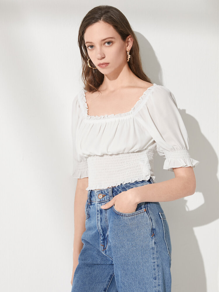 Solid Ruffle Shirred Short Sleeve Square Collar Blouse