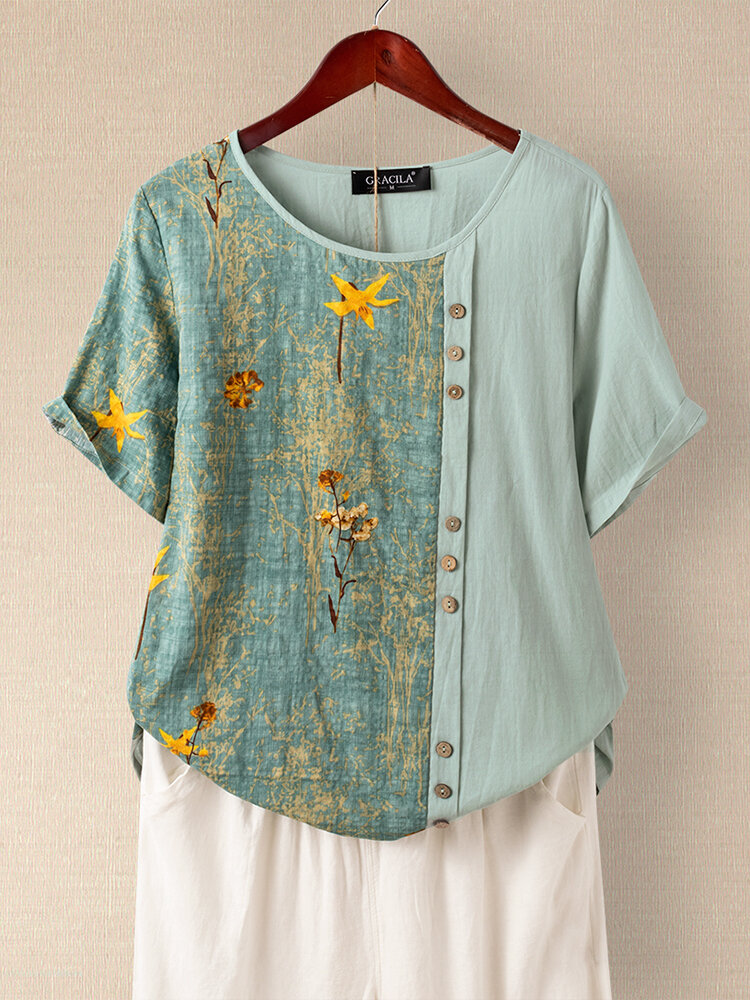 Floral Printed Patchwork Button Short Sleeve T-shirt