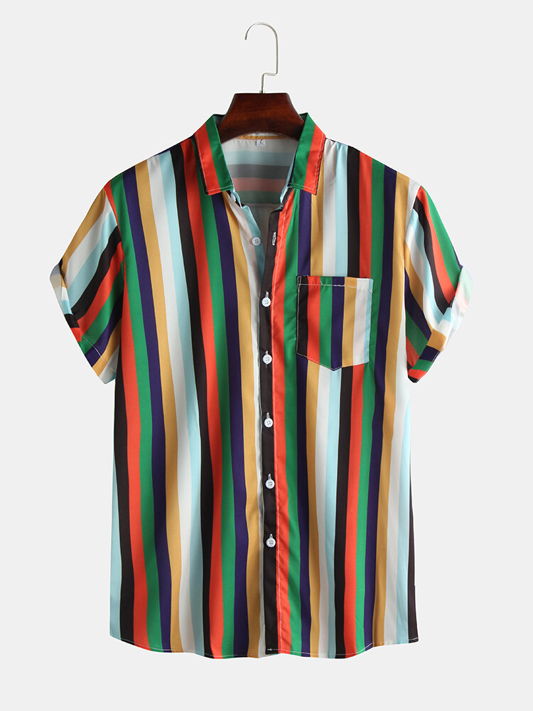 Mens Cool Rainbow Striped Chest Pocket Short Sleeve Shirts
