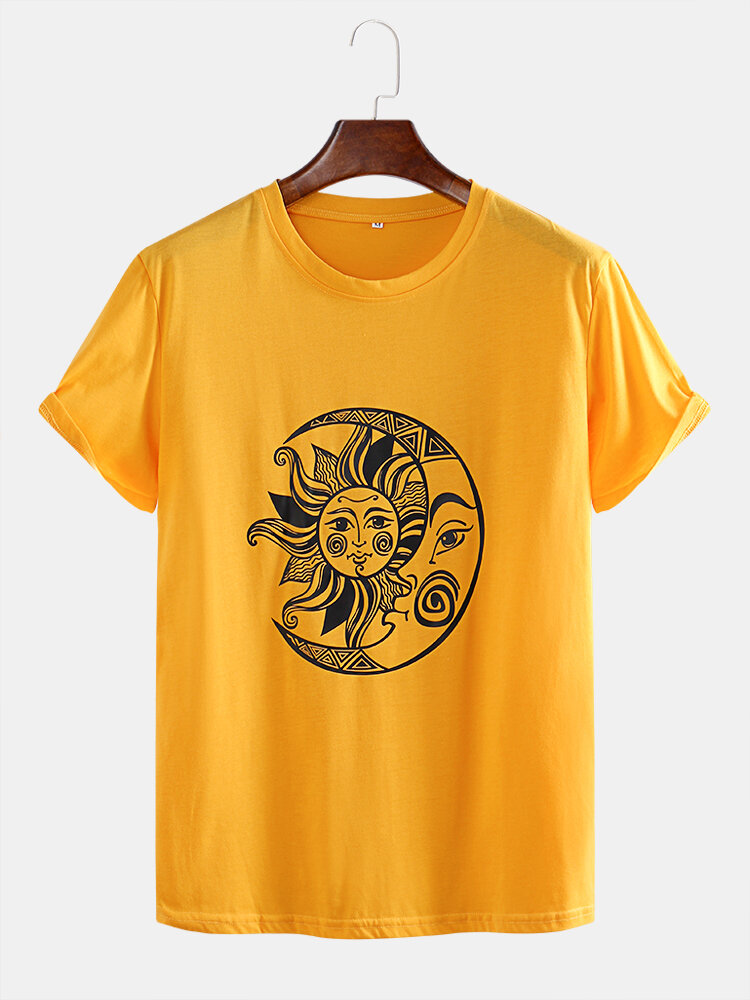 Mens Funny Sun Moon Totem Print Short Sleeve T-Shirts