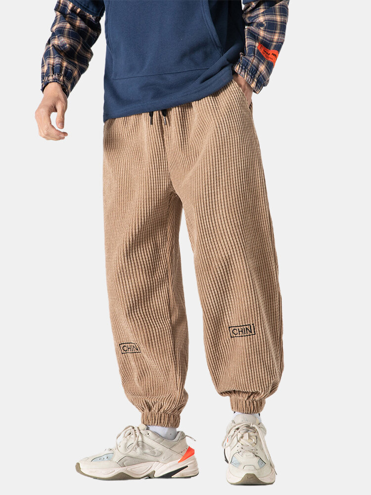 Mens Corduroy Letter Print Casual Drawstring Jogger Pants With Pocket