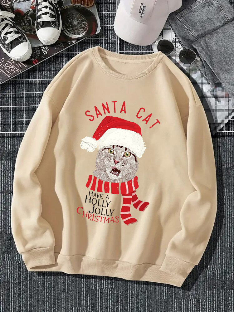 ChArmkpR Mens Christmas Cat Letter Print Crew Neck Pullover Sweatshirts Winter