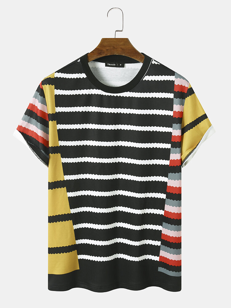 Mens Combined Multi-Striped Preppy Short Sleeve T-Shirts