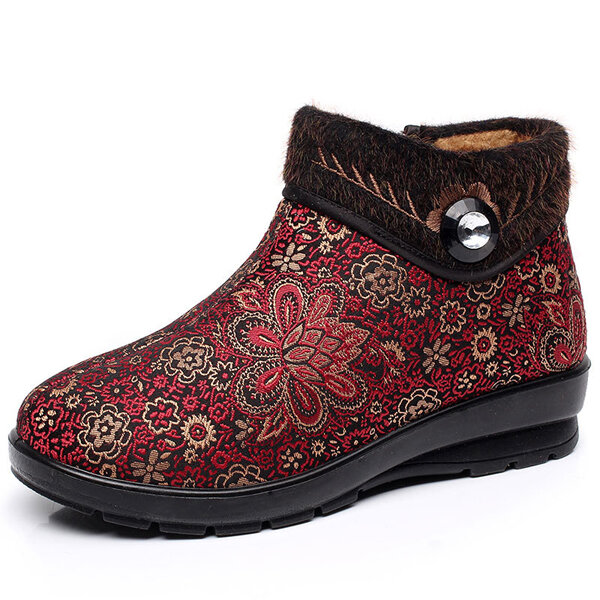 Floral Zipper Fur Lining Warm Ankle Short Boots For Women