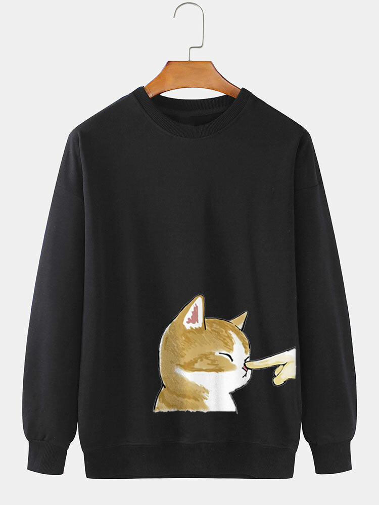 Mens Cartoon Cat Hand Print Crew Neck Pullover Sweatshirts