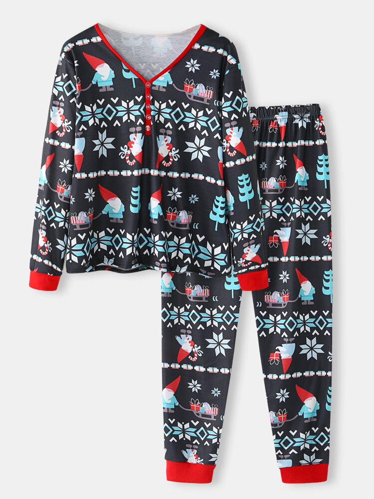 Women Allover Christmas Pattern Print V-Neck Button Sleepwear Home Long Pajamas Set