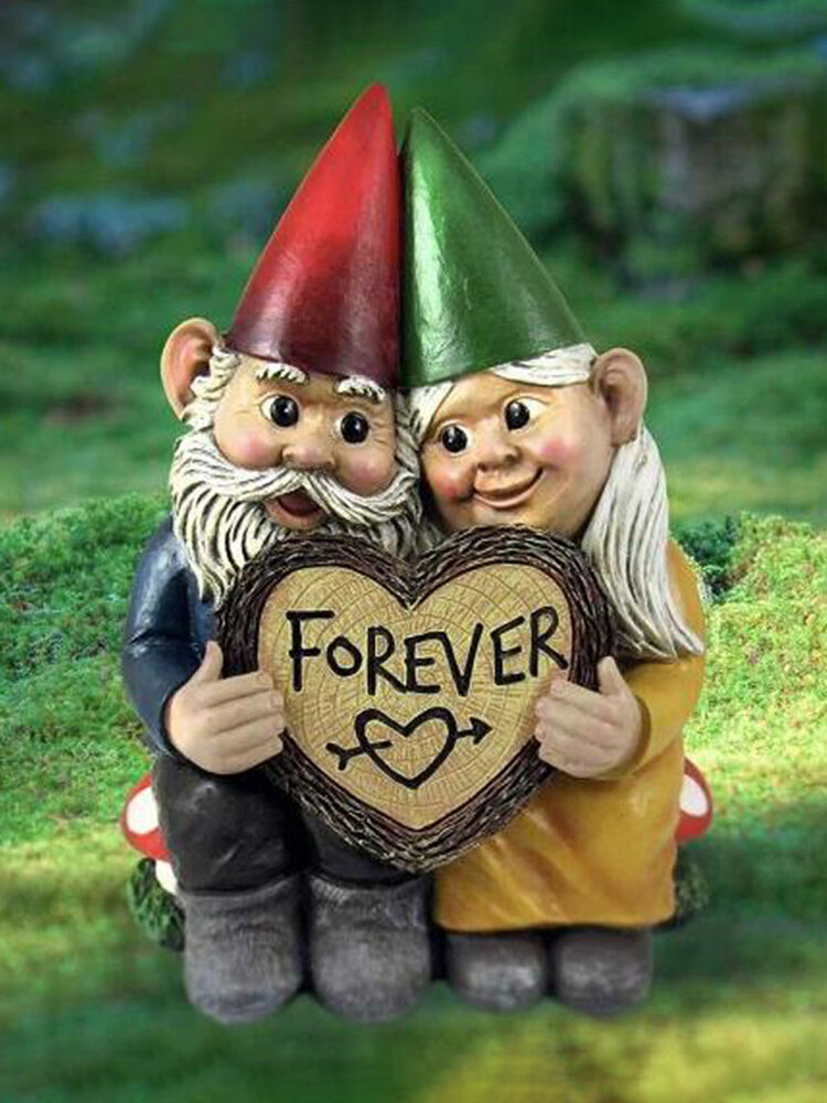 Couple Gnome Dwarf Lovers Heart-shape Sign Resin Ornament Home Garden Decor