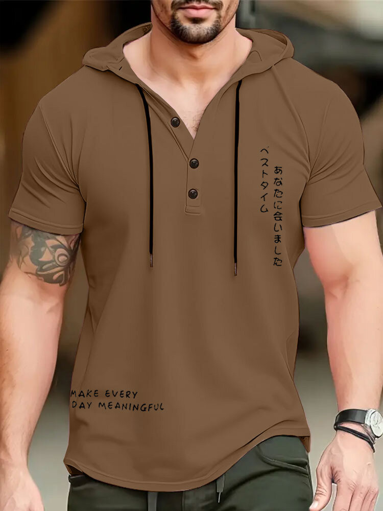 

Mens Japanese Slogan Print Button Design Short Sleeve Hooded T-Shirts, Maroon
