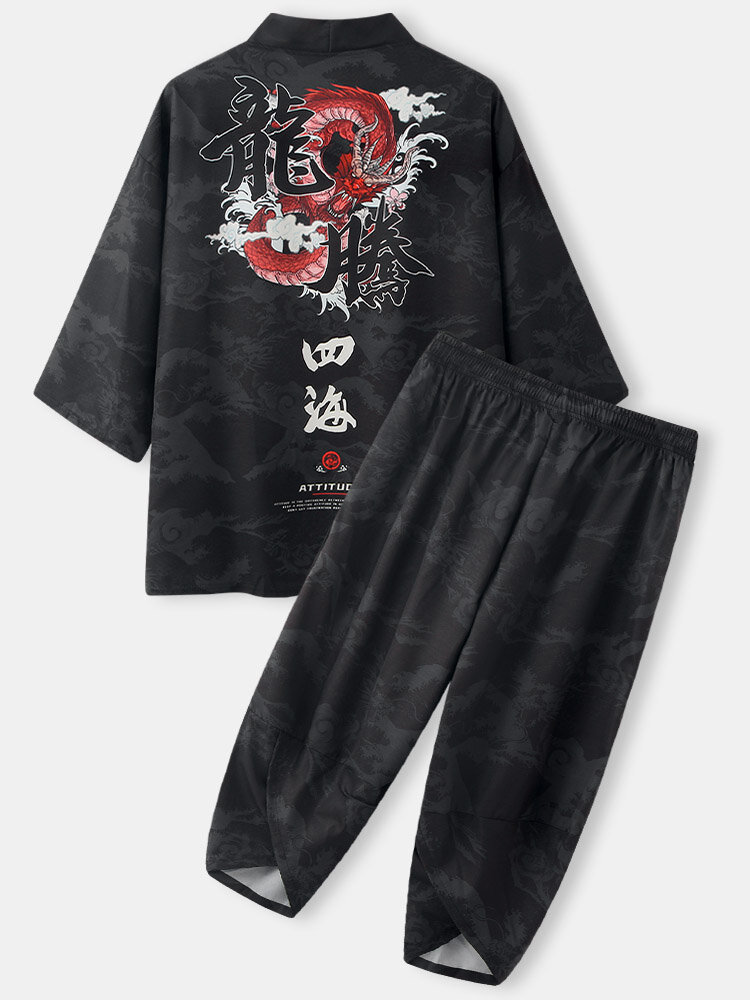 Mens Chinese Dragon Back Print Kimono Street Cropped Two Pieces Outfits