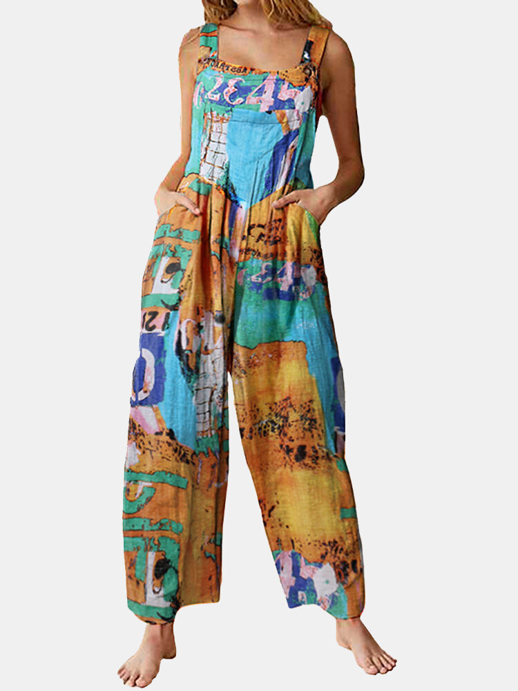 Pockets Multi-color Print Straps Jumpsuit For Women