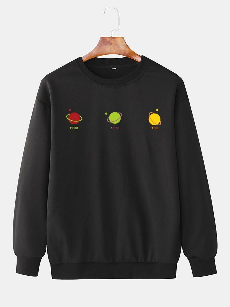 

Mens Plain Cartoon Planet Pattern Chest Print Relaxed Fit Loose Crew Neck Sweatshirts, Black;white