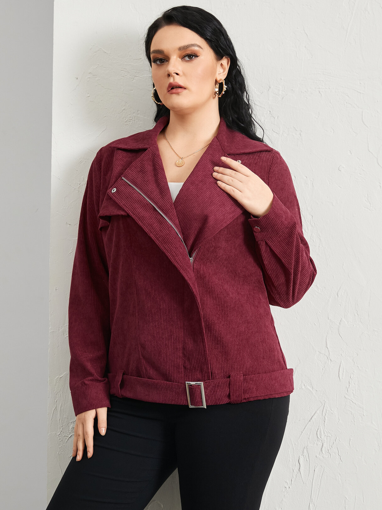 

Plus Size Notch Collar Belt Design Zip Front Jacket, Wine red;brown