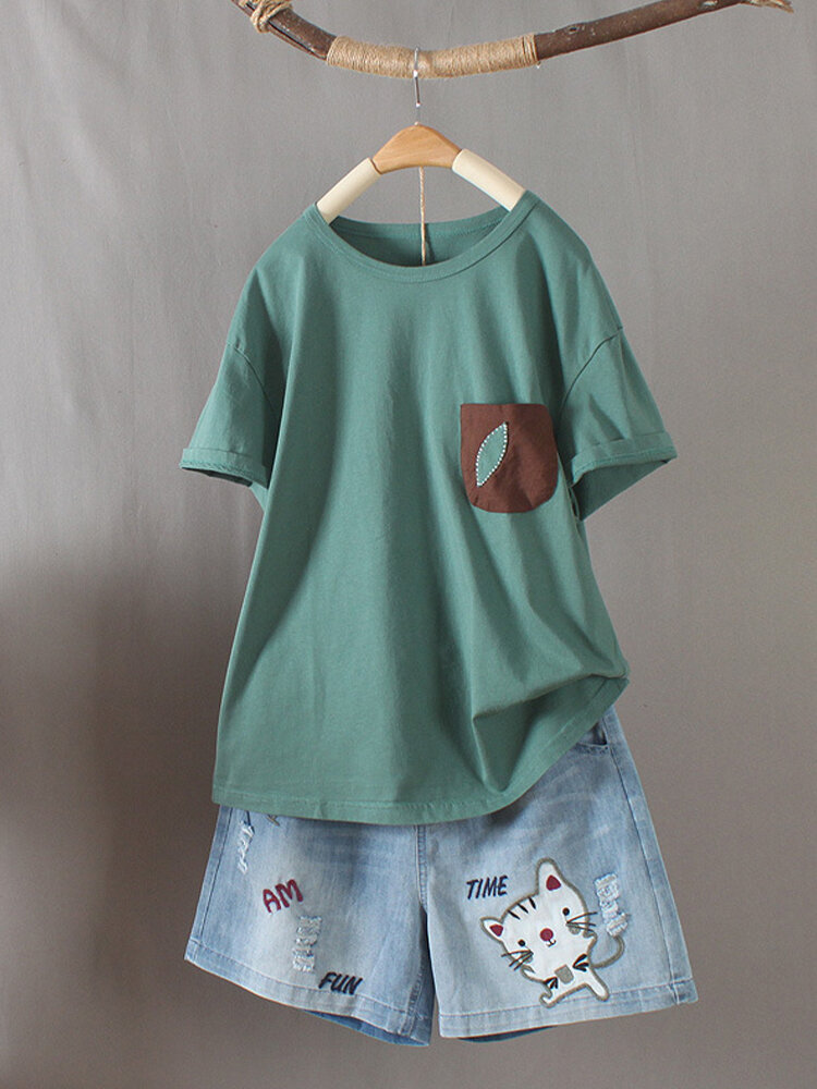 Solid Color Patchwork Pocket Casual O-neck T-shirt