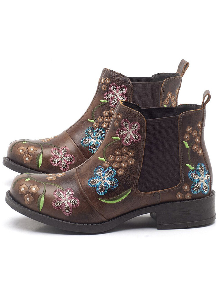 Women Retro Floral Embroidery Comfy Wearable Chelsea Ankle Boots