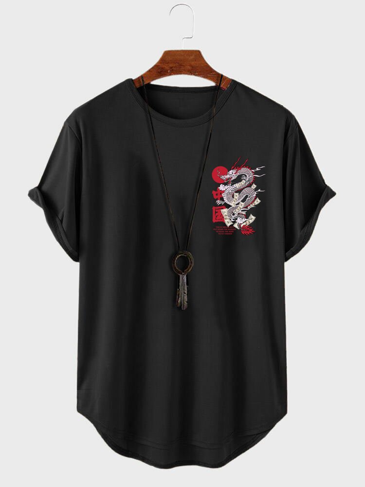 

Mens Chinese Dragon Chest Print Curved Hem Short Sleeve T-Shirts, Black