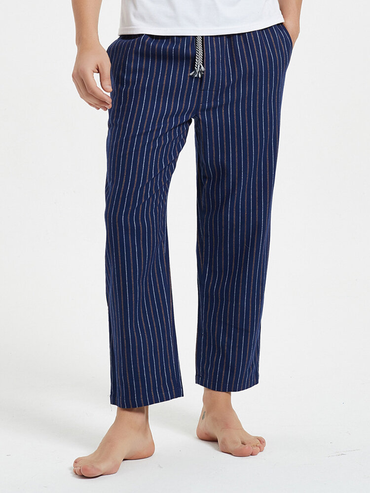 

Mens Plaid Striped Cotton Comfy Drawstring Home Pajamas Bottoms With Pocket, Blue;apricot