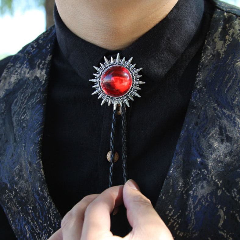 Vintage Bolo Tie Adjustable Red Sun Collar Feather Tassels Wax Rope Tie Ethnic Jewelry for Men