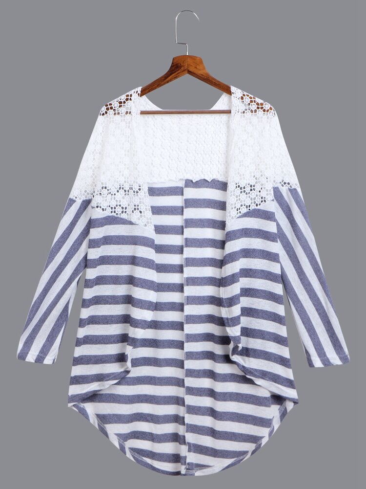 Women Casual Stripe Lace Stitching Long Sleeve Kimonos