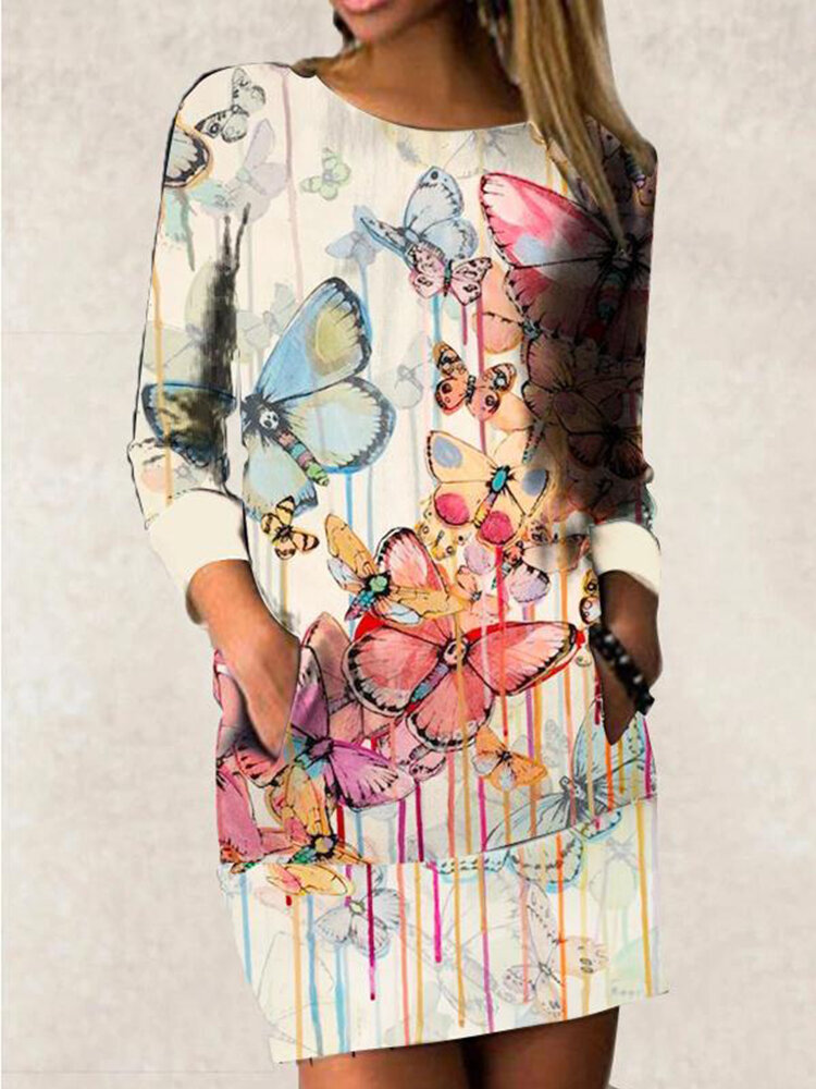 

Butterflies Print Long Sleeve Regular Midi Plus Size Dress, Pink
