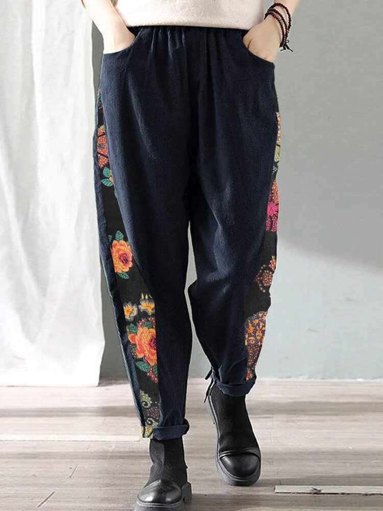 Calico Printed Elastic Waist Patchwork Corduroy Pants For Women