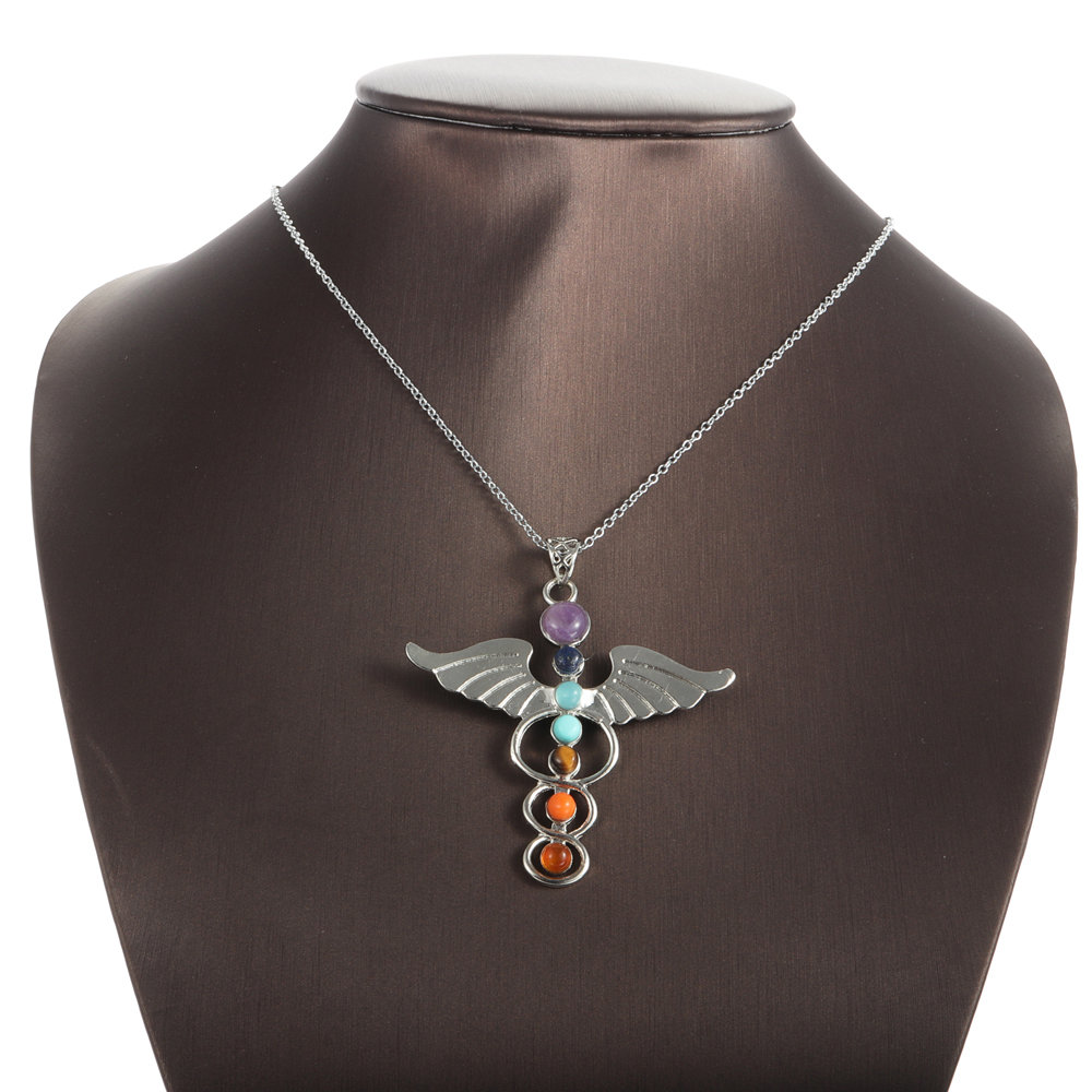 7 Chakra Stones Angel Wings Pendant Necklaces Yoga Reiki Healing Balancing Crystal Agate Necklaces