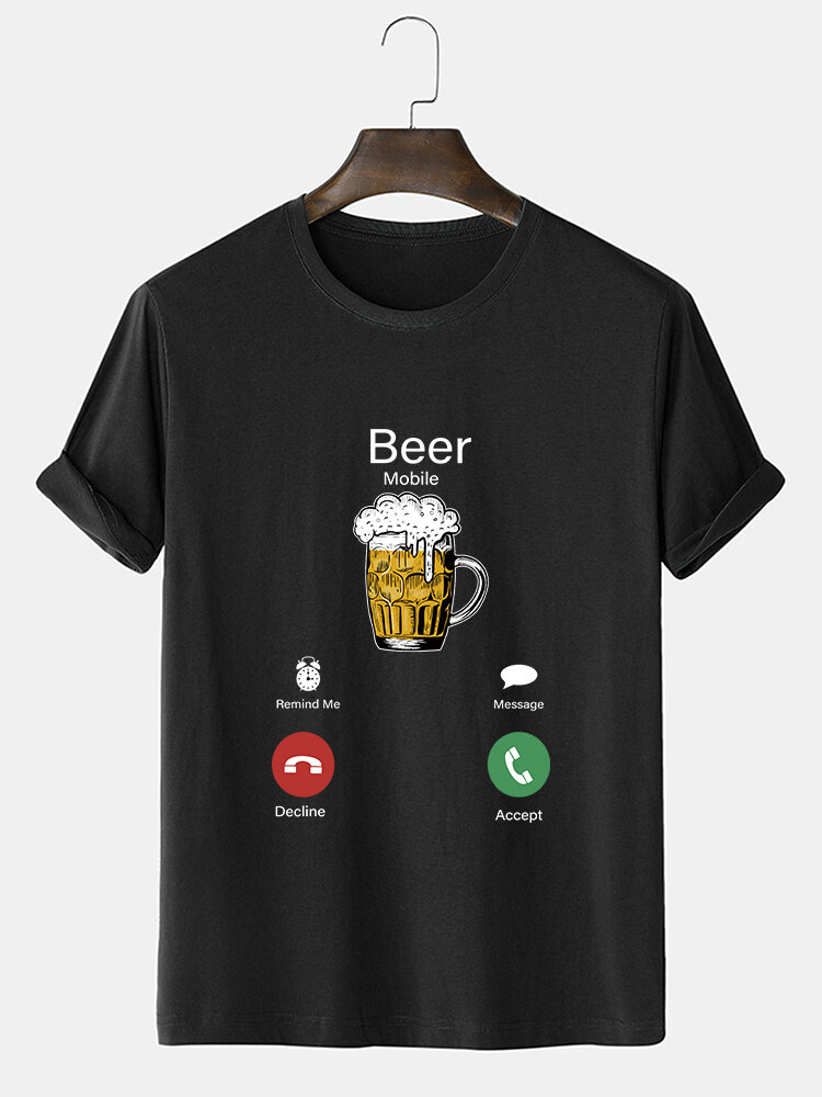 

Mens Beer Mobile Icon Print 100% Cotton Casual Short Sleeve T-Shirts, Dark gray;khaki;black;pink