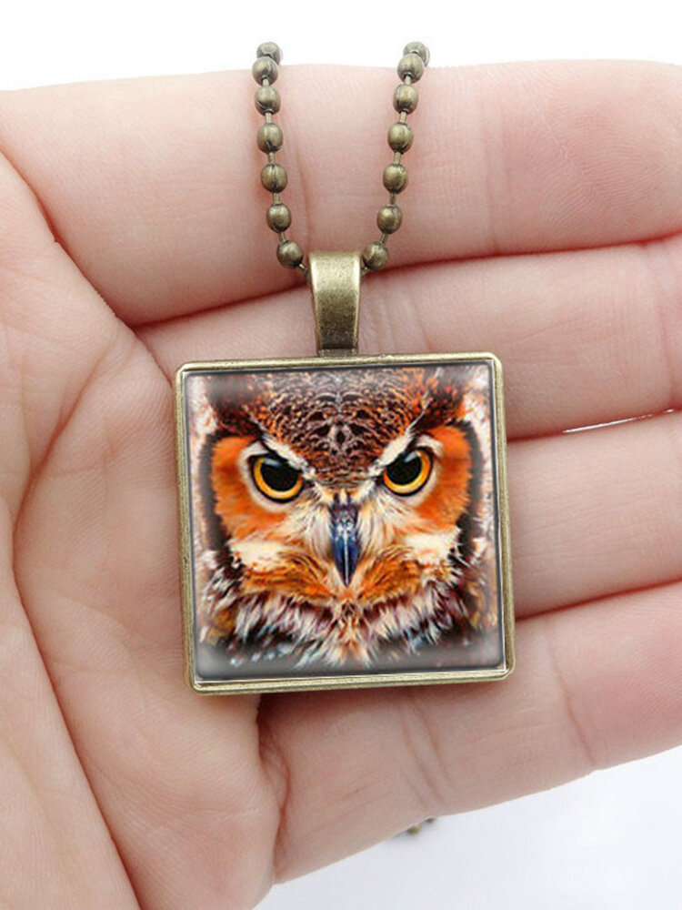 Vintage Square Glass Printed Women Necklace Owl Pendant Sweater Chain Jewelry Gift