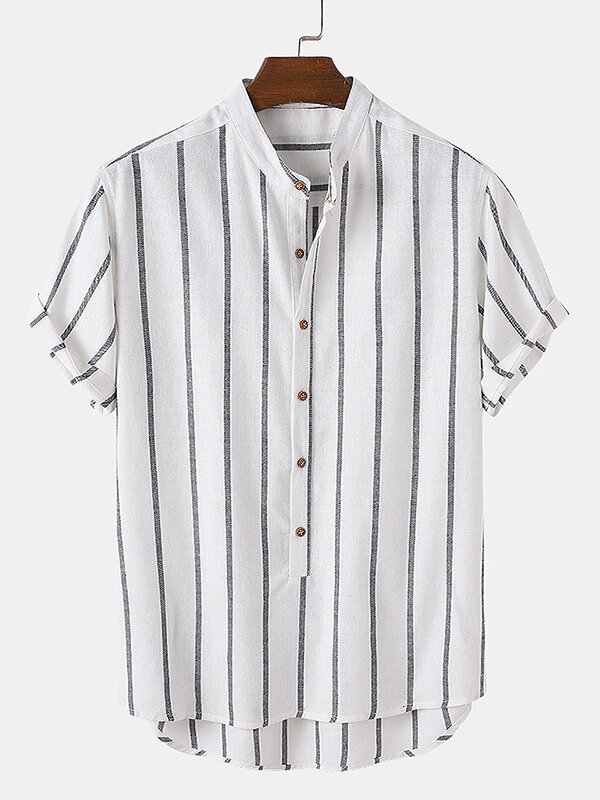 Mens Stripe Pattern Short Sleeve Button Stand Collar Shirt