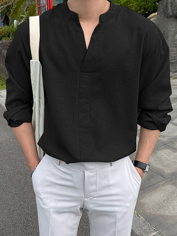 Manga comprida masculina de algodão com gola sólida entalhada Camisa