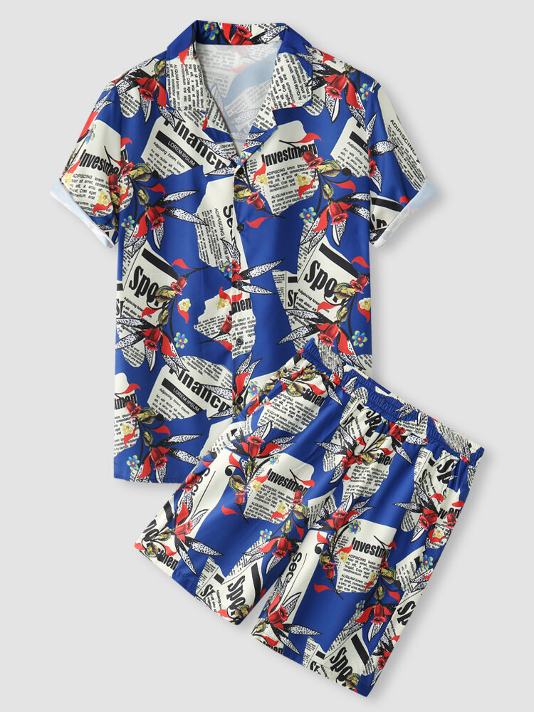 Mens Floral Letter Graphics Revere Collar Holiday Two Pieces Outfits