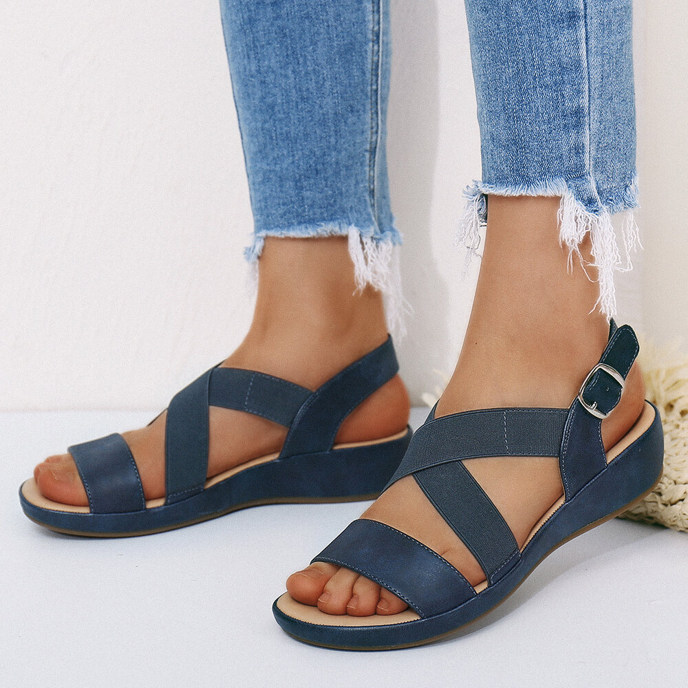 Large Size Women Casual Comfy Soft Cross Band Buckle Flat Sandals