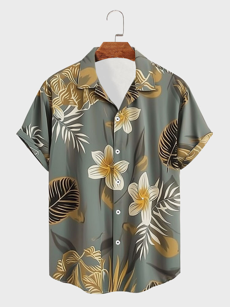 

Mens Tropical Floral Plant Print Button Up Short Sleeve Shirts, Gray