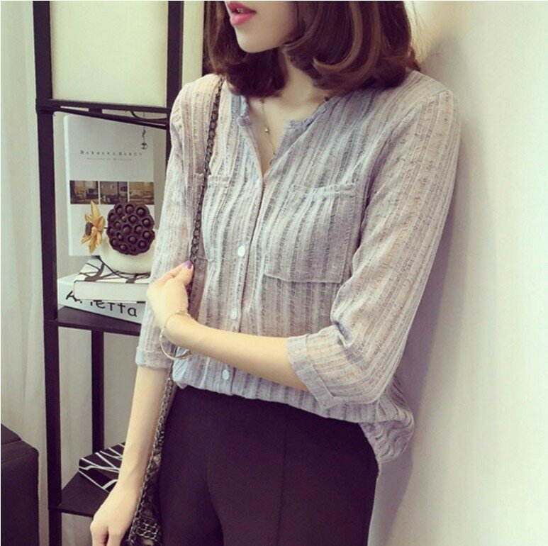 Loose V-neck Shirt Casual Cotton And Linen Wild Bottoming Women's 