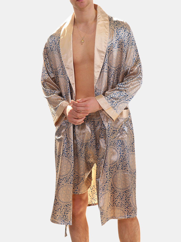 Men Geometric Faux Silk Pajamas Robe Soft Classical Drawstring Loungewear Bathing Suits