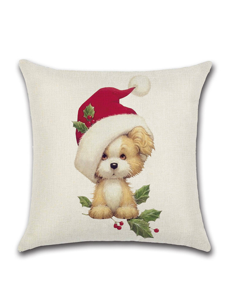 Funda de cojín de lino de algodón con decoración navideña Cute Gato Perro Funda de almohada Puppy Celebrate