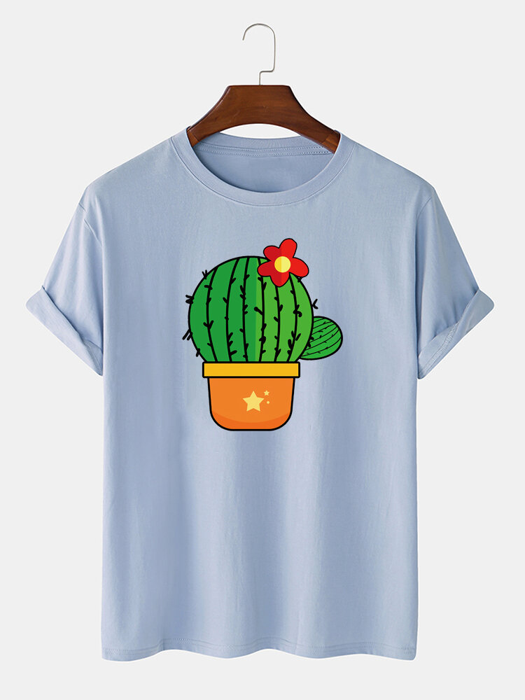 Men 100% Cotton Cactus Printed Casual T-Shirt