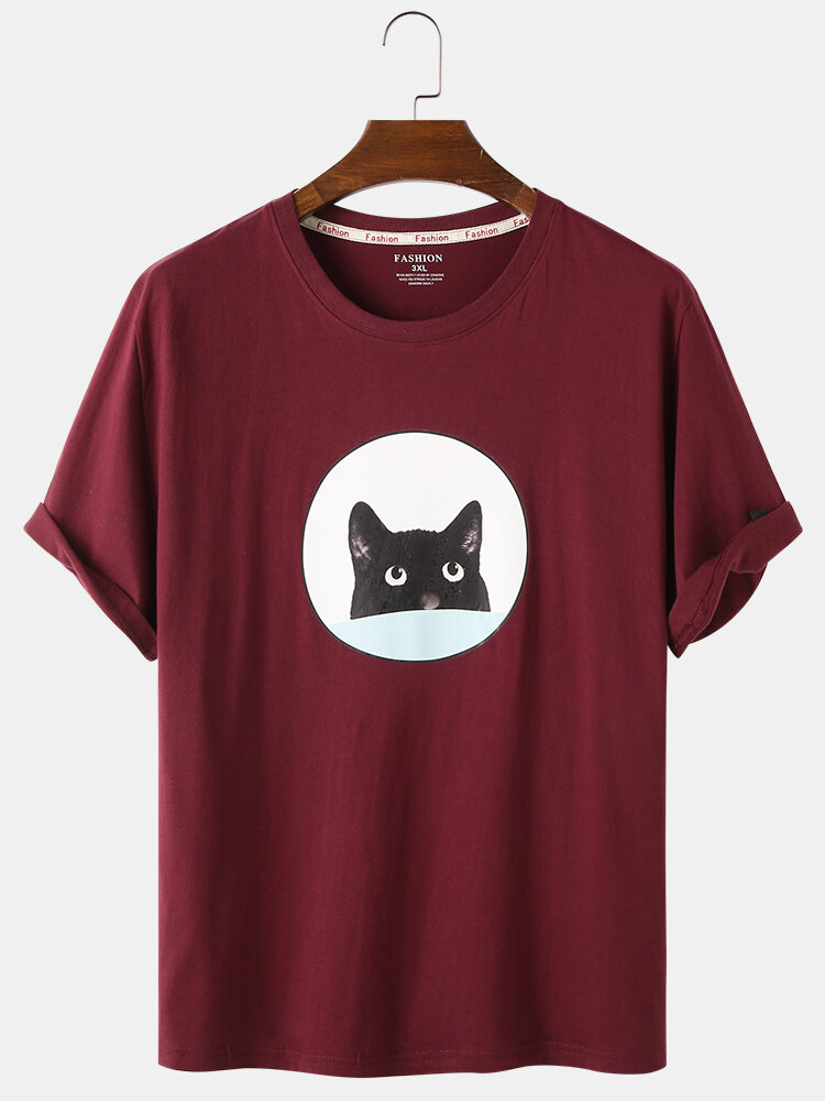 Mens Cartoon Black Cat Print Loose Light Daily Round Neck T-Shirts