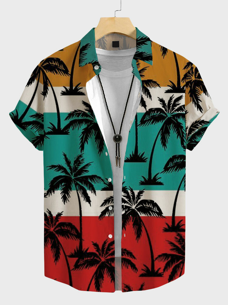 Camicie da uomo a maniche corte per le vacanze a blocchi di colore con stampa albero di cocco