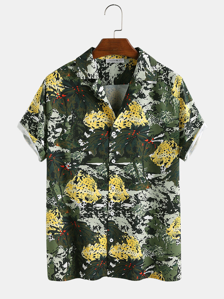Mens Abstract Tropical Coconut Tree & Leopard Printed Camouflage Short Sleeve Shirt