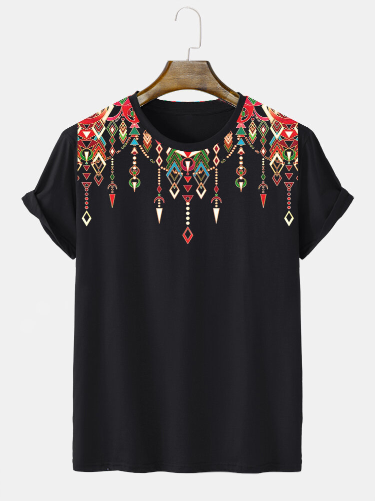 Camisetas masculinas étnicas tribais com estampa geométrica, gola redonda, manga curta, inverno
