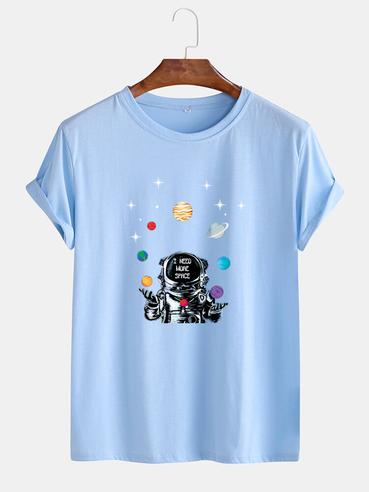 Mens Cartoon Planets Astronaut Print O-Neck Casual Loose T-Shirt