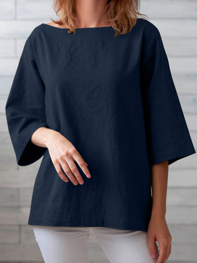 Solid 3/4 Sleeve Crew Neck Blouse For Women