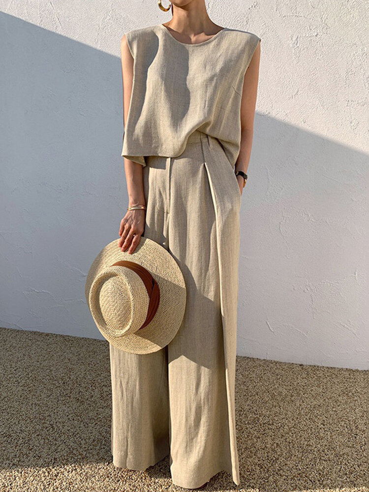 Solid Color Sleeveless Wide Leg Casual Two Pieces Suit