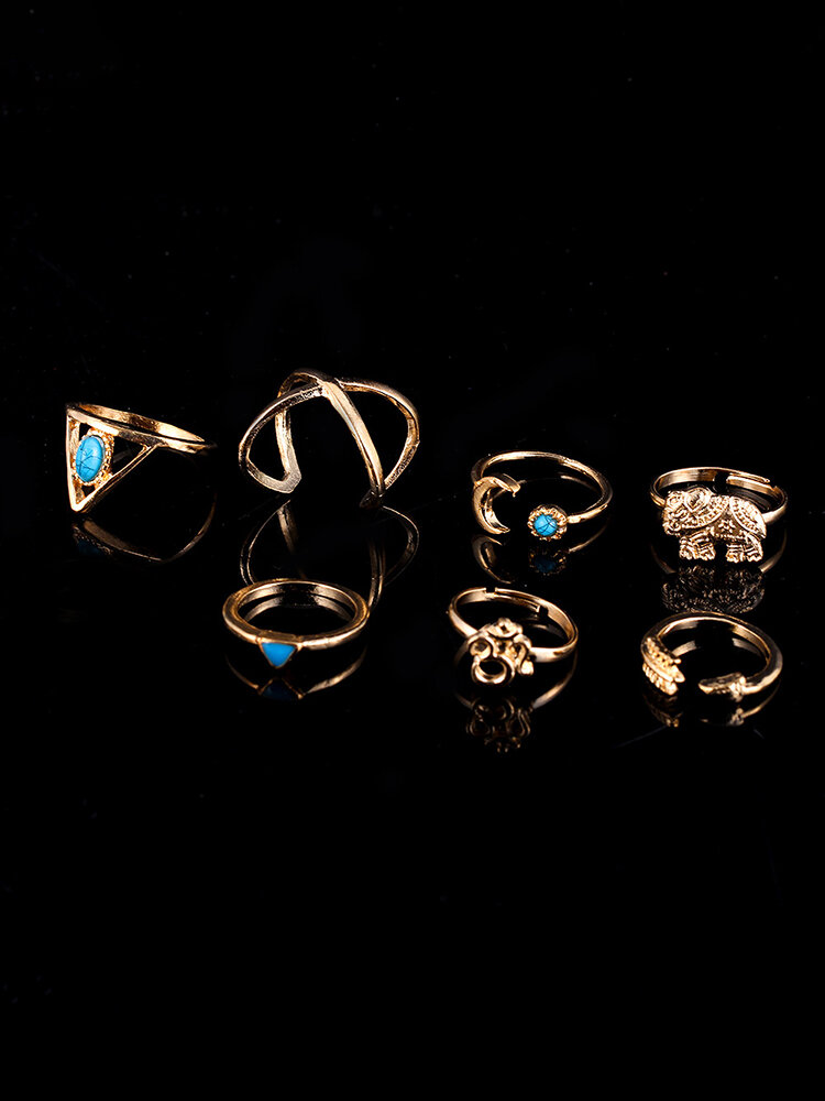 Ensemble de bagues bohème 7 pièces lune géométrique éléphant bague d'articulation bijoux Vintage pour femmes