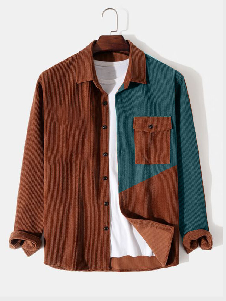 

Mens Color Block Patchwork Flap Pocket Corduroy Long Sleeve Shirts, Brown