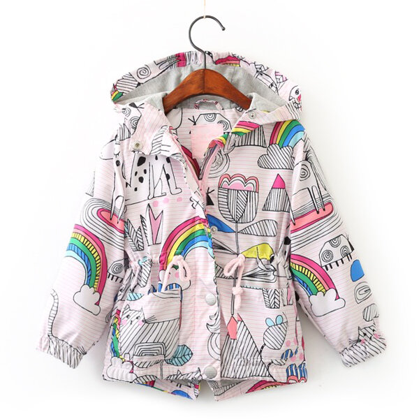 Rainbow Print Girls Coats Outerwear Kids Hooded Jackets Children Clothes For 3Y-11Y