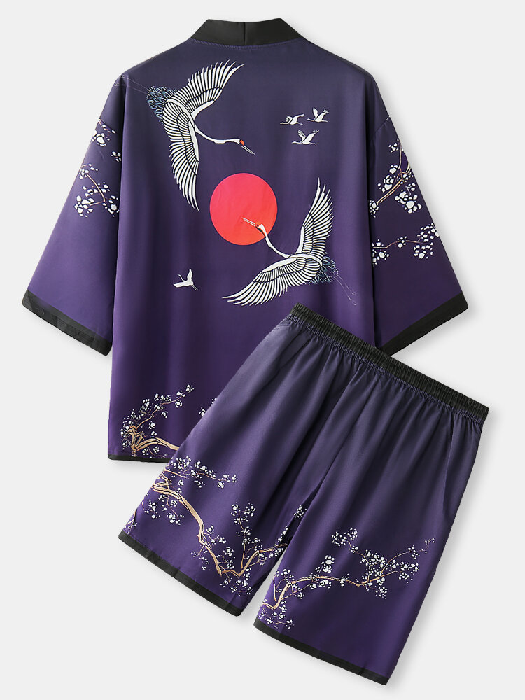 Mens Crane Floral Print Open Front Street 3/4 Sleeve Kimono Outfits