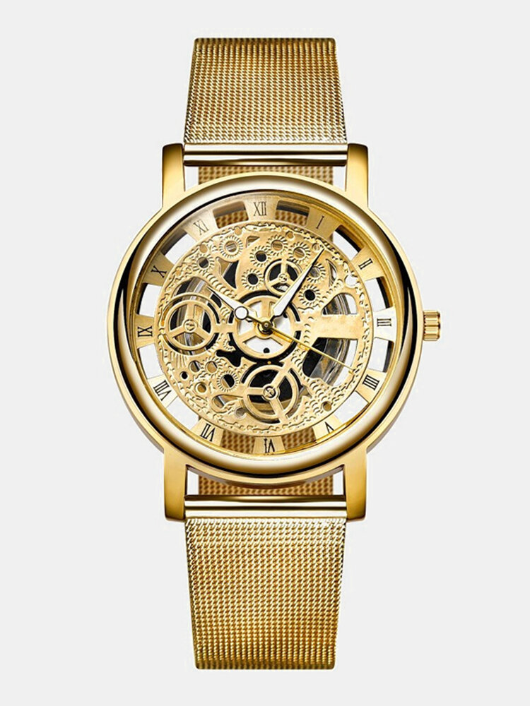 3 Colors Stainless Steel Alloy Men Business Carved Hollow Dial Watch Decorated Pointer Quartz Watch