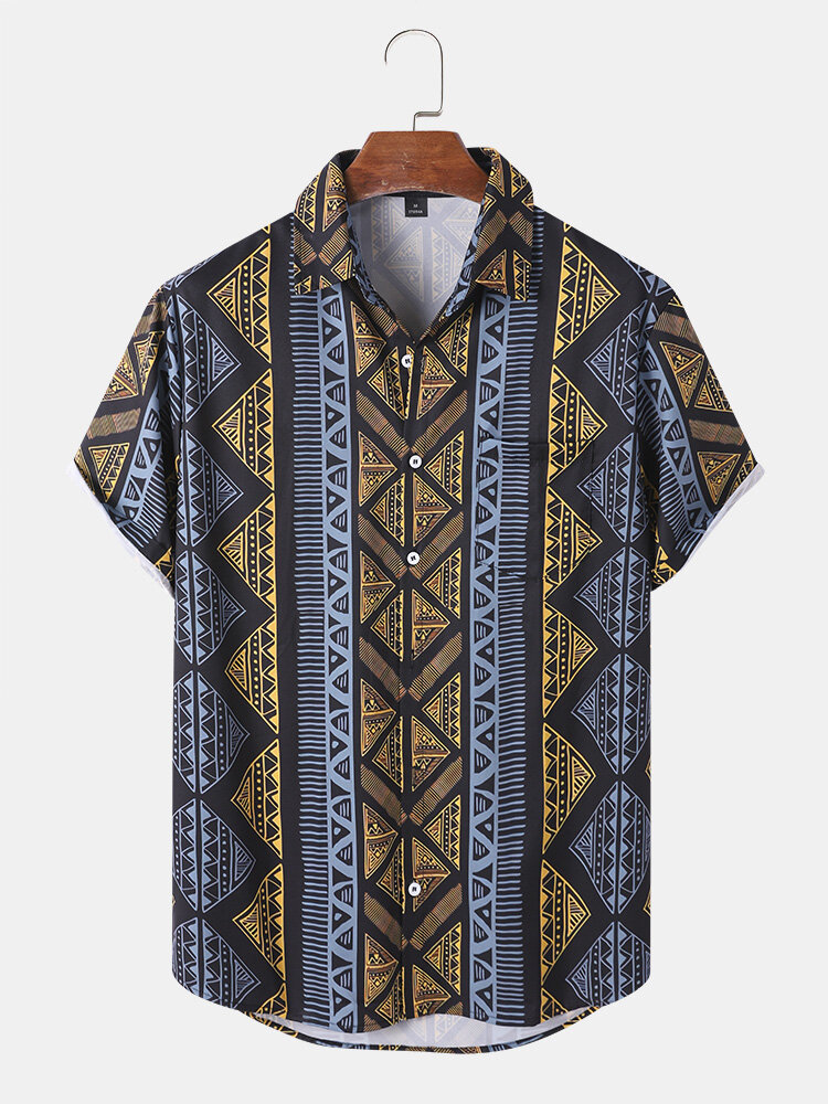 

Men Argyle Geometric Contrast Ethnic Lapel Front Button Skin Friendly Casual Shirts, Black