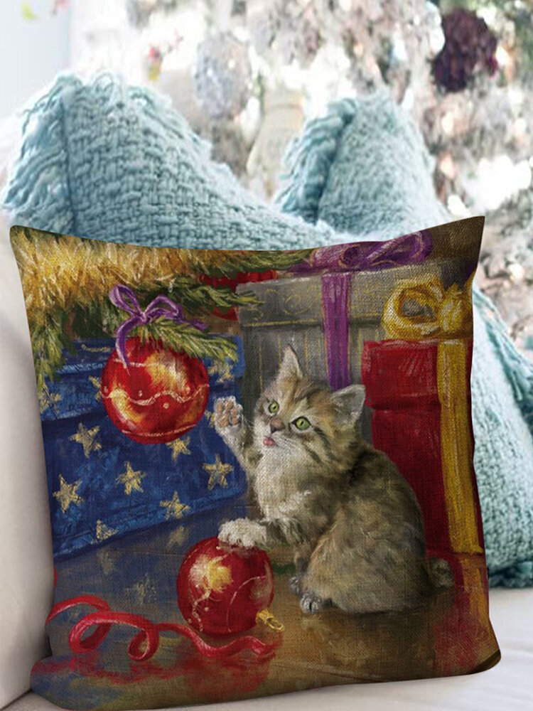1 PC Print Linen Chritmas Cat Decoration In Bedroom Living Room Sofa Cushion Cover Throw Pillow Cover Pillowcase